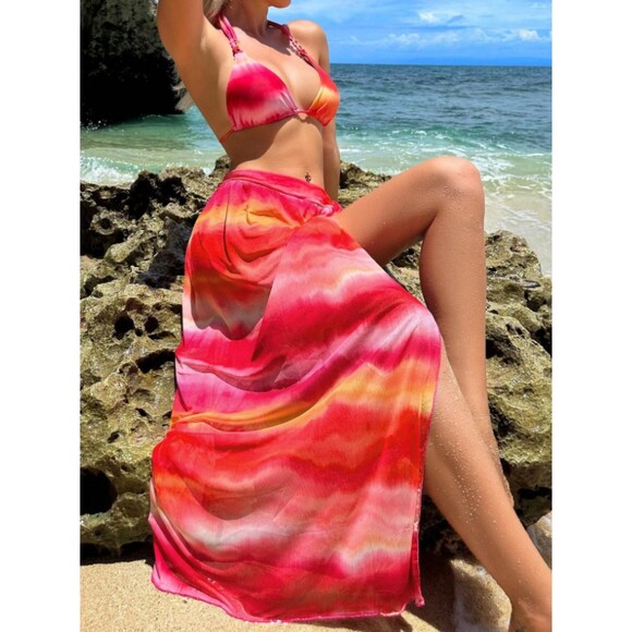 X-Large 3-piece Tie Dye Halter Triangle Bikini Swimsuit With Beach Wrap Skirt - Picture 2 of 6